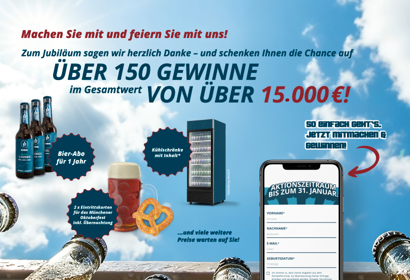 Werbegrafik mit Bierkrug, Snacks und Gewinnspielhinweis über 150 Preise im Wert von 15.000 Euro