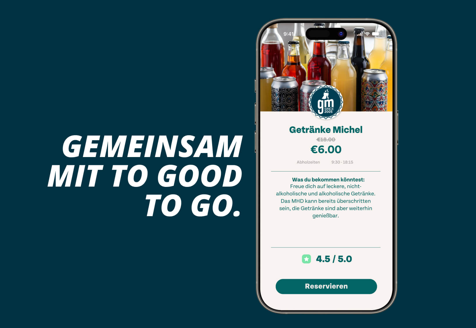 Smartphone zeigt Too-Good-To-Go-Angebot von Getränke Michel